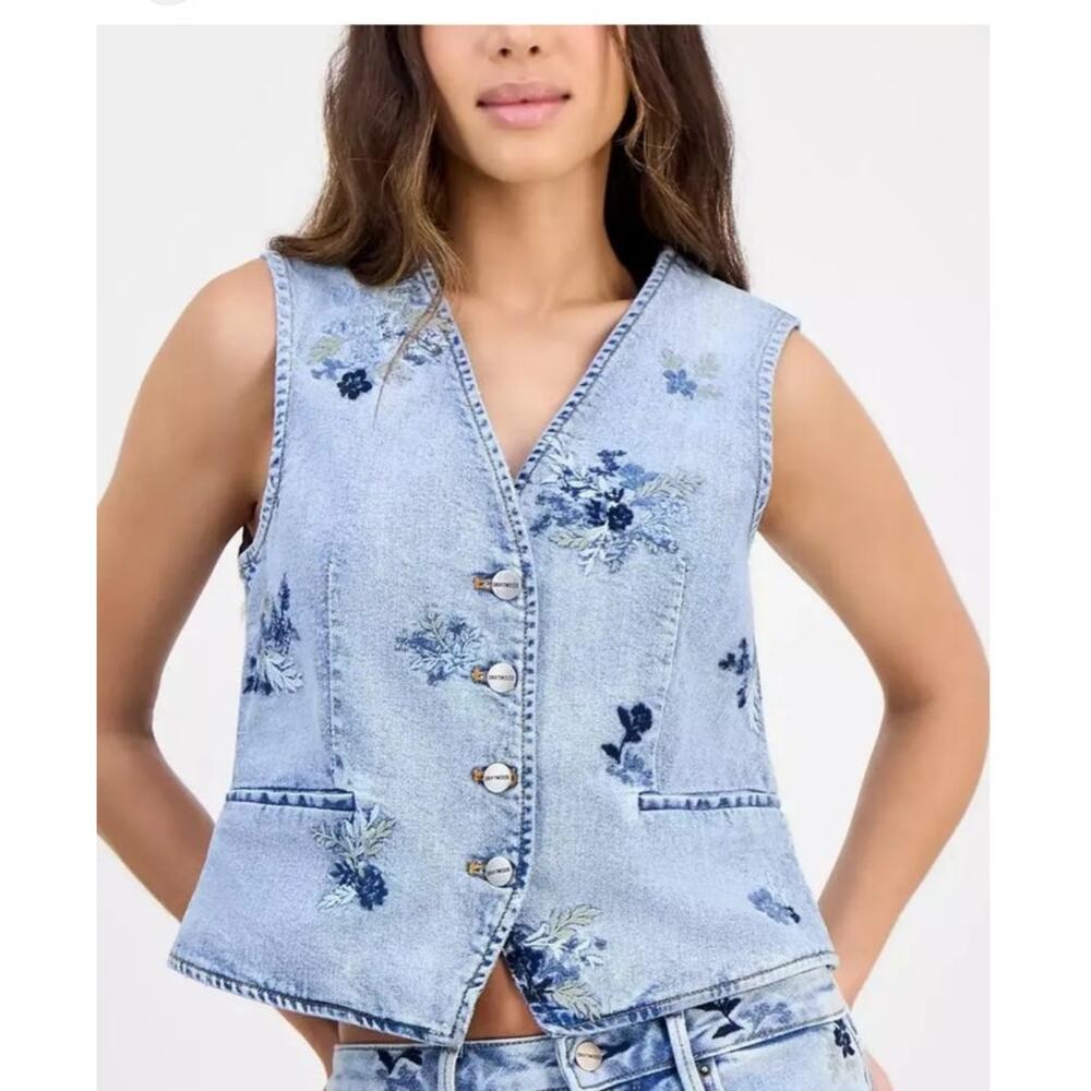 Driftwood Denim Floral Embroidered Vest Top Light Wash Size XL